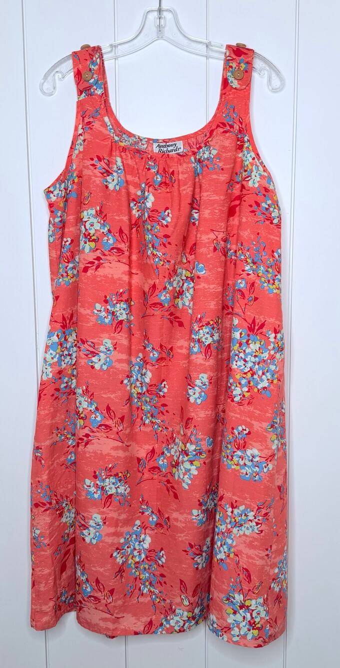 Anthony Richards Floral Patio House Dress Peach Blue Sleeveless LG